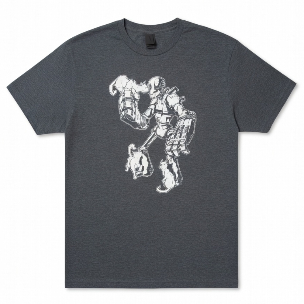 Spaghetti Kiss Robot Cat & Dog Lover Tee - Sci-Fi Pet Graphic T-Shirt